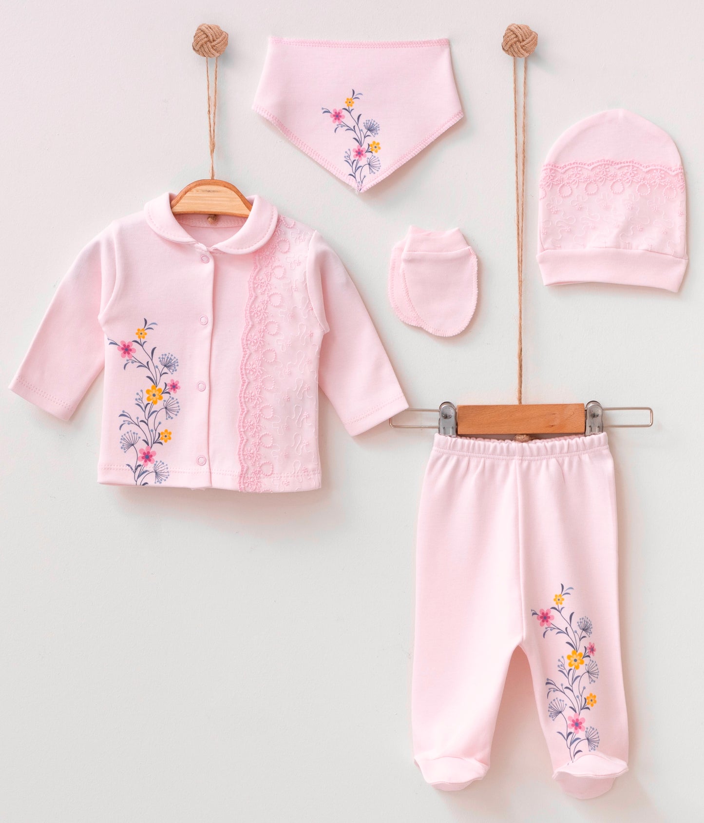 Babylim Kız Bebek Dantelli Sarmaşık Çiçek Baskılı Hastane Çıkış Seti-5li