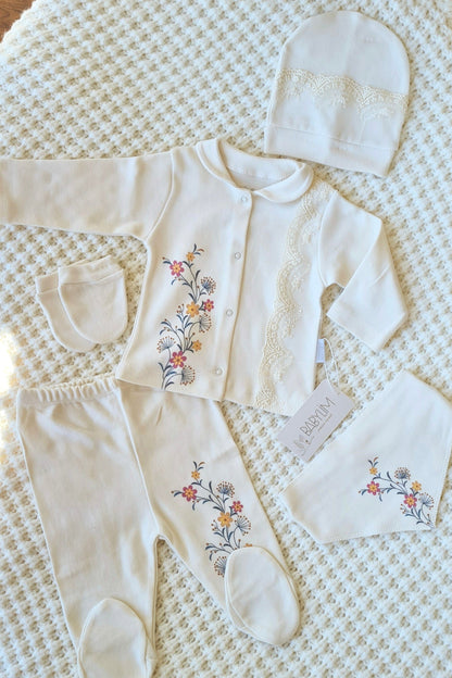 Babylim Kız Bebek Dantelli Sarmaşık Çiçek Baskılı Hastane Çıkış Seti-5li