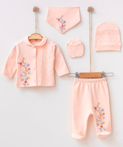 Babylim Kız Bebek Dantelli Sarmaşık Çiçek Baskılı Hastane Çıkış Seti-5li