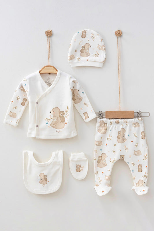 Babylim Yavru Ayı Baskılı Organik 0-3 Ay Unisex Bebek Hastane Çıkış Seti-5li